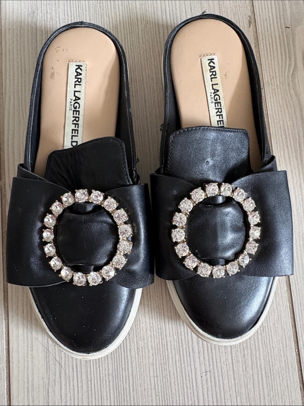 Karl Lagerfeld Black Slip-On Mules with Crystal Circle Accent